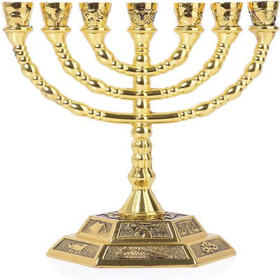 Jerusalem Large 12 Tribes of Israel 7 Branch Temple Menorah Gold 8"