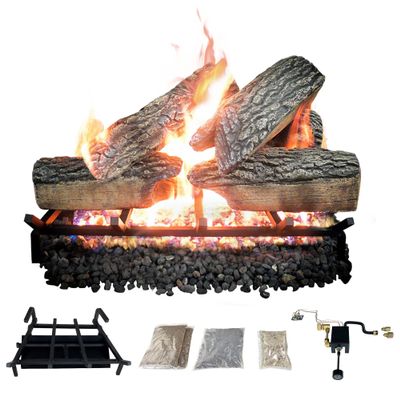Dreffco 18" Premium Gas Logs - Safety Pilot Light Kit Included - for Liquid Propane Vented Fireplaces - Blazing Oak Design (Logs + Safety Pilot Light Kit)