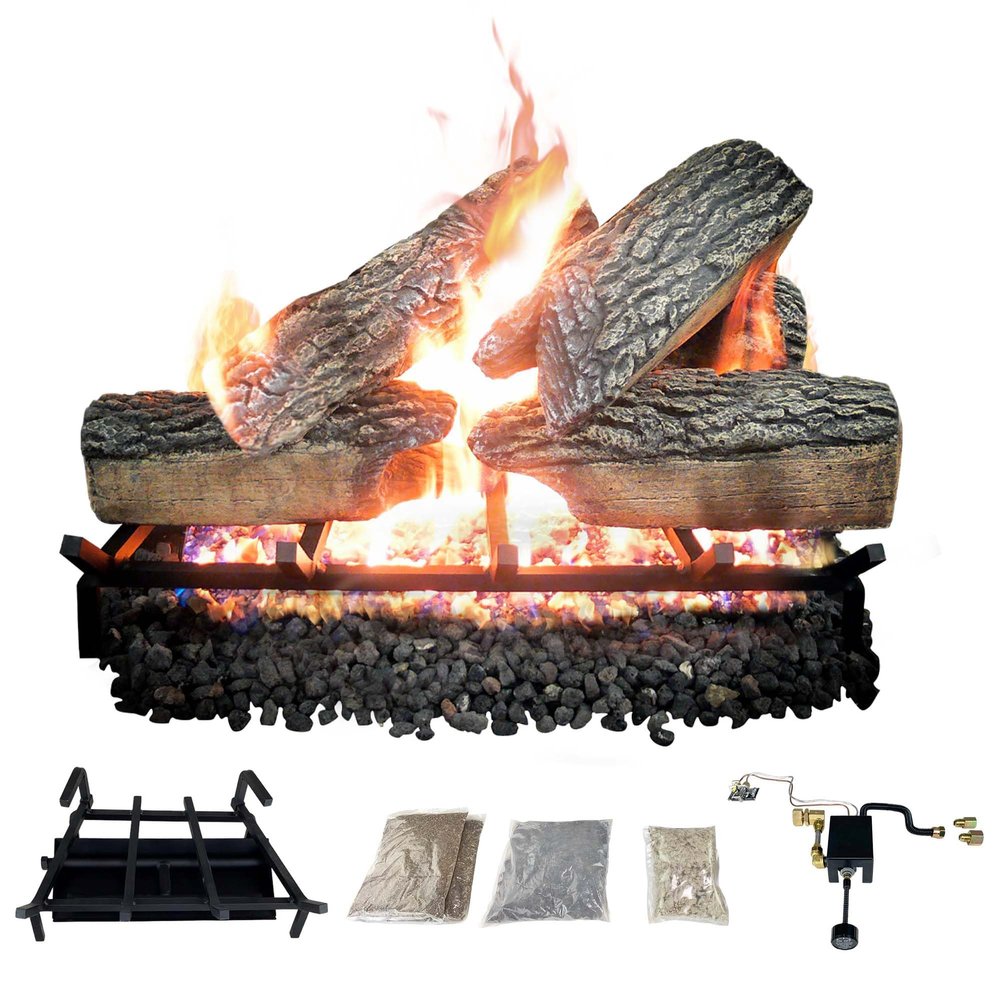 Dreffco 18" Premium Gas Logs - Safety Pilot Light Kit Included - for Liquid Propane Vented Fireplaces - Blazing Oak Design (Logs + Safety Pilot Light Kit)