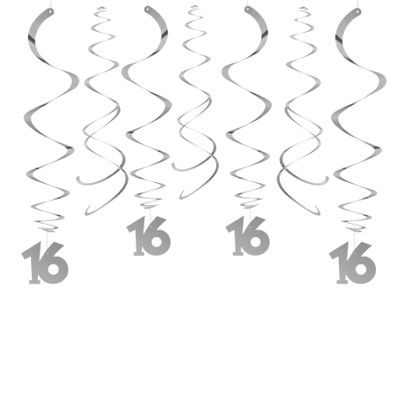AimtoHome Party Swirl Decorations, Silver 16th Birthday Swirl Decoration, 16th Anniversary Ceiling Hanging Party Swirl Decoration, Pack of 30
