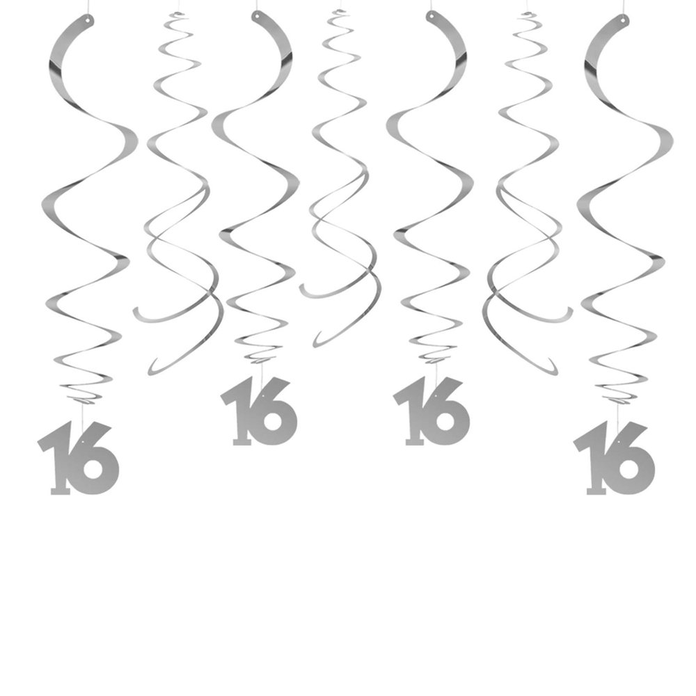 AimtoHome Party Swirl Decorations, Silver 16th Birthday Swirl Decoration, 16th Anniversary Ceiling Hanging Party Swirl Decoration, Pack of 30