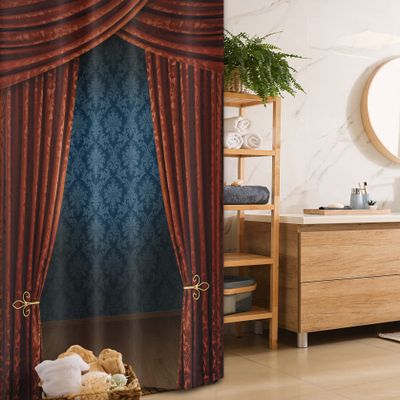 Ambesonne Victorian Stall Shower Curtain, Grand Opening Showroom with Retro Pattern Wall Classic Stage Theatrical, Fabric Bathroom Decor Set with Hooks, 36" W x 72" L, Burgundy