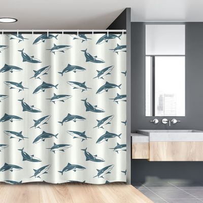 Ambesonne Sea Animals Stall Shower Curtain, Repeated Cartoon Sharks Swimming to Different Directions Pattern, Fabric Bathroom Decor Set with Hooks, 54" W x 78" L, Slate Blue and Eggshell