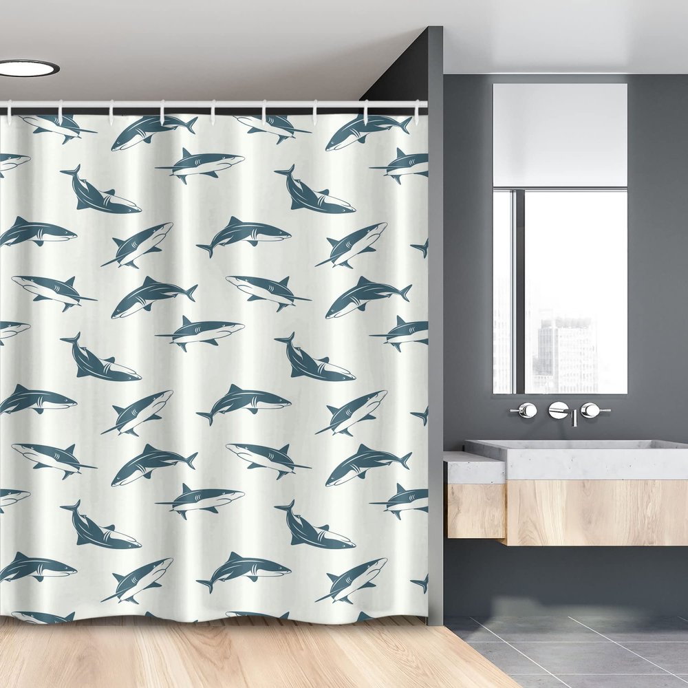 Ambesonne Sea Animals Stall Shower Curtain, Repeated Cartoon Sharks Swimming to Different Directions Pattern, Fabric Bathroom Decor Set with Hooks, 54" W x 78" L, Slate Blue and Eggshell