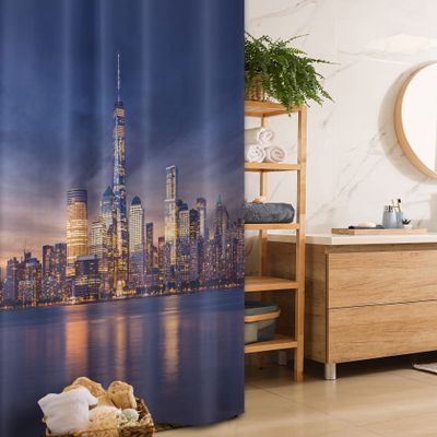 Ambesonne Cityscape Stall Shower Curtain, New York City Manhattan After Sunset View Picture with Skyline Reflection River, Fabric Bathroom Decor Set with Hooks, 36" W x 72" L, Night Blue Indigo