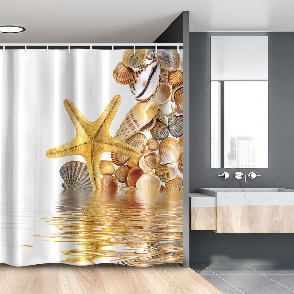 Ambesonne Seashells Stall Shower Curtain, Shells and Starfish Reflection Water Golden Yellow Spa Clear Beach Theme, Fabric Bathroom Decor Set with Hooks, 54" W x 78" L, Earth Yellow Cream