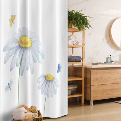 Ambesonne Dragonfly Stall Shower Curtain, Chamomiles Moths Dragonflies Refreshing Nature Template Soft Colors Art, Fabric Bathroom Decor Set with Hooks, 36" W x 72" L, Yellow White