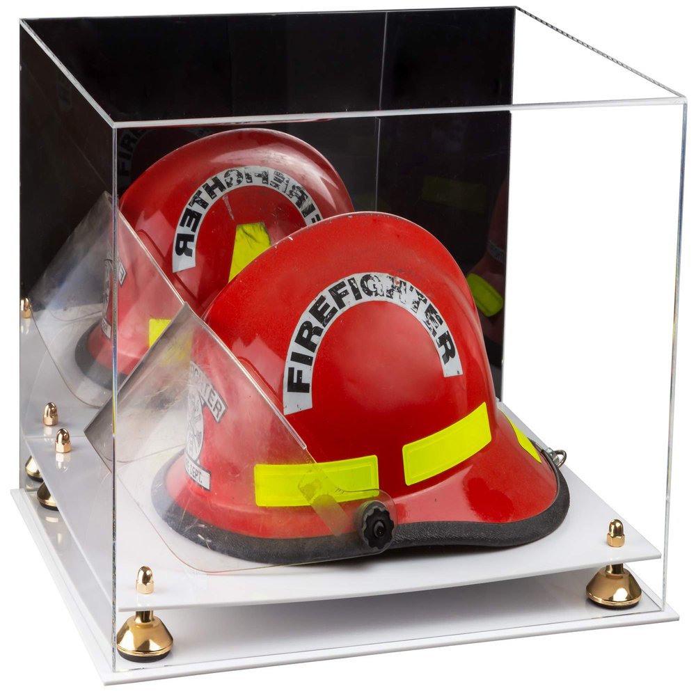 Better Display Cases Acrylic Fireman's Helmet Display Case - Large Rectangle Box with Mirror Case, Gold Risers and White Base 18" x 14" x 12" (A014/V60)