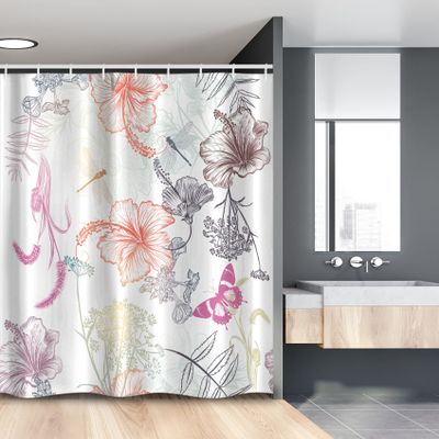 Ambesonne Dragonfly Stall Shower Curtain, Floral Design Hibiscus Ornaments Moth Dragonfly Symbolic Transformation Creature, Fabric Bathroom Decor Set with Hooks, 54" W x 78" L, Soft Blue Purple White