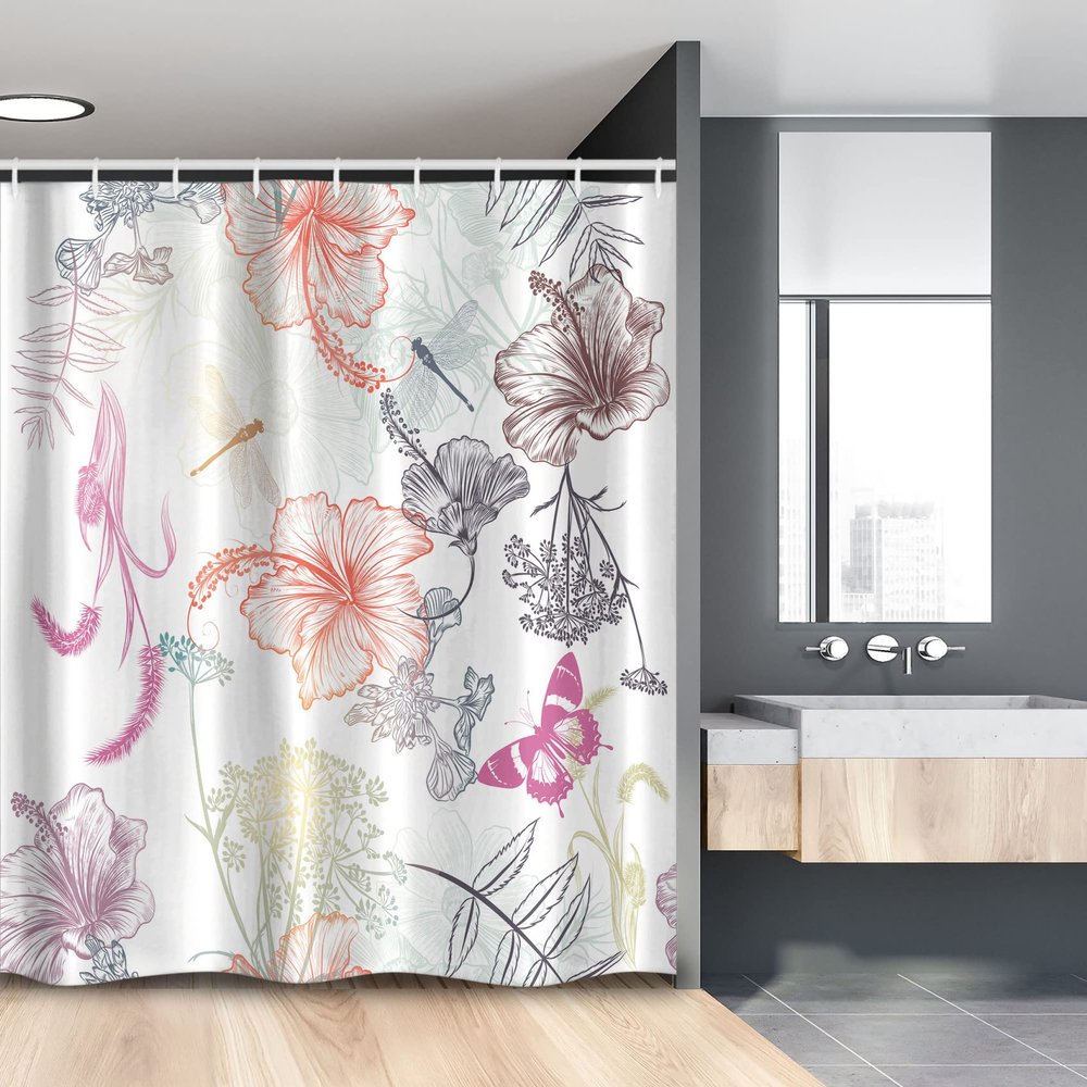 Ambesonne Dragonfly Stall Shower Curtain, Floral Design Hibiscus Ornaments Moth Dragonfly Symbolic Transformation Creature, Fabric Bathroom Decor Set with Hooks, 54" W x 78" L, Soft Blue Purple White