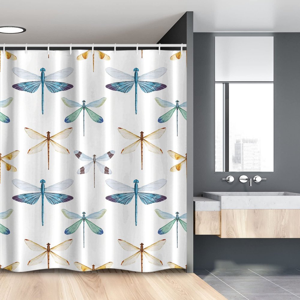 Ambesonne Dragonfly Stall Shower Curtain, Group of Regularly Dragonfly Pattern Short Lives Composition of Bugs, Fabric Bathroom Decor Set with Hooks, 54" W x 78" L, Orange Blue