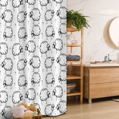 Ambesonne Funny Stall Shower Curtain, Humorous Sheep Patterns on Meadow Flower Comic Doodle Playroom Art Print, Fabric Bathroom Decor Set with Hooks, 36" W x 72" L, Charcoal Black