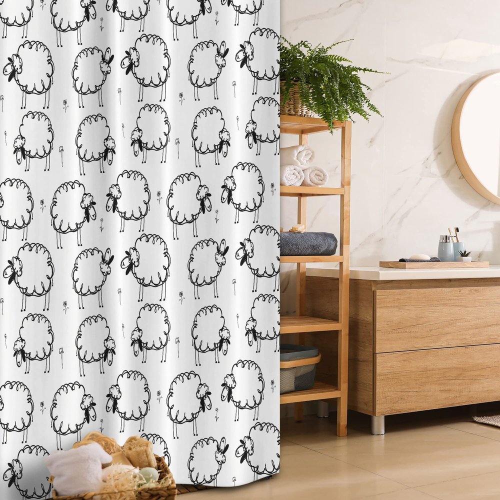Ambesonne Funny Stall Shower Curtain, Humorous Sheep Patterns on Meadow Flower Comic Doodle Playroom Art Print, Fabric Bathroom Decor Set with Hooks, 36" W x 72" L, Charcoal Black