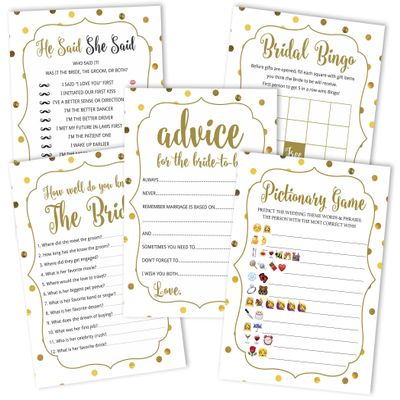 Inkdotpot Gold Confetti Theme Bachelorette Party Games Set Bundle of 5 (Activities for 50 Guests) Fun Bridal Shower Games Set