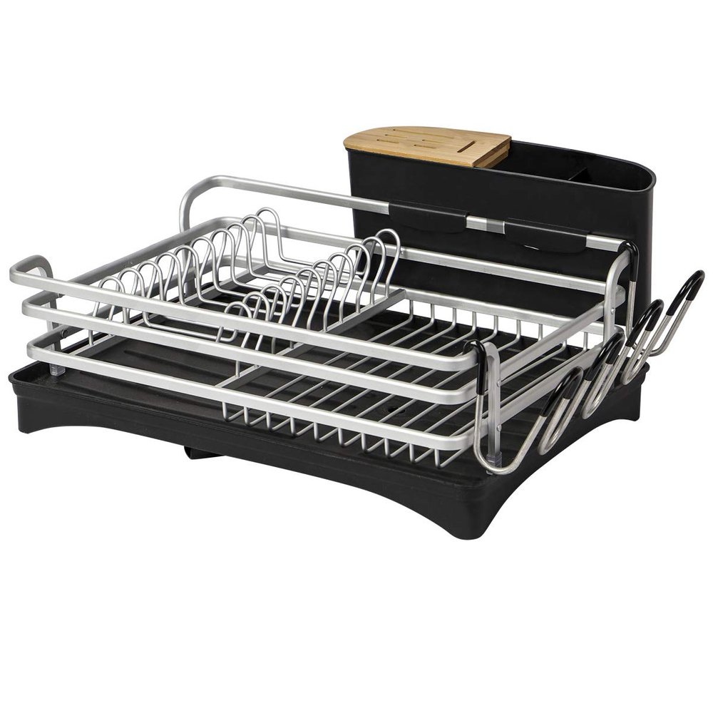 BRIAN & DANY Aluminum Dish Drying Rack, Dish Racks for Kitchen Counter, Dish Drainer with Removable Cutlery Holder & Cup Holder, Unique 360 Swivel Spout Drainboard, 16.5" L x 11.8" W, Silver