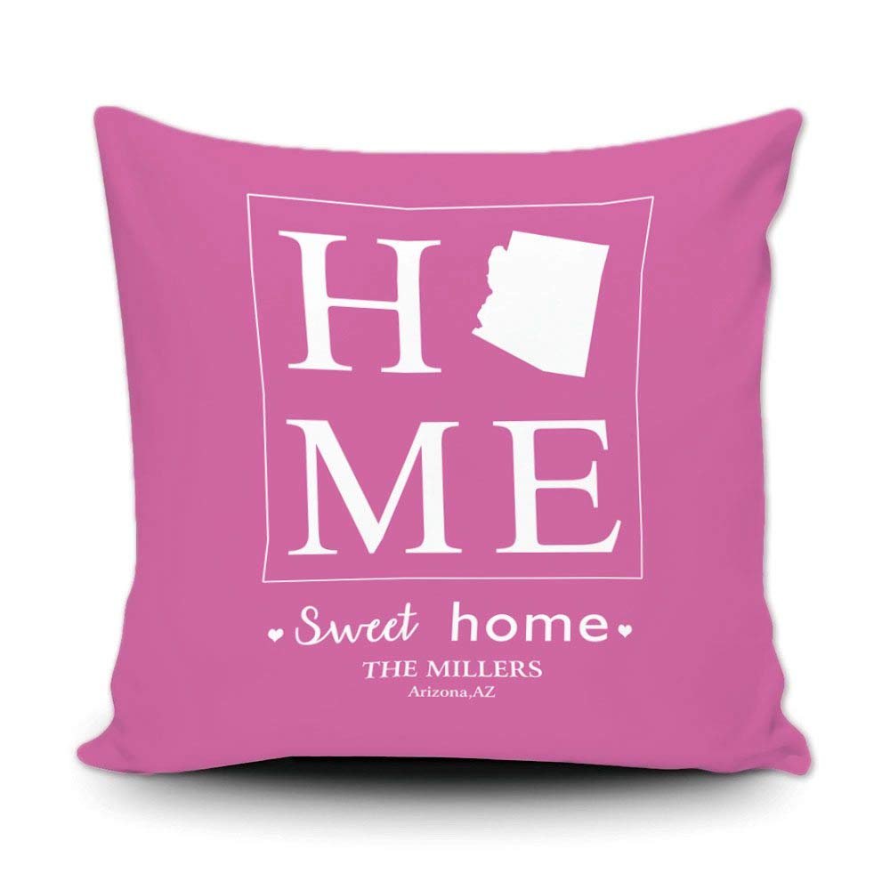GUGLILI Sweet Home Arizona State Throw Pillow Cover Housewarming Gift Customize Family Name Decorative Canvas Pillow Cases 18x18 Inch Pink