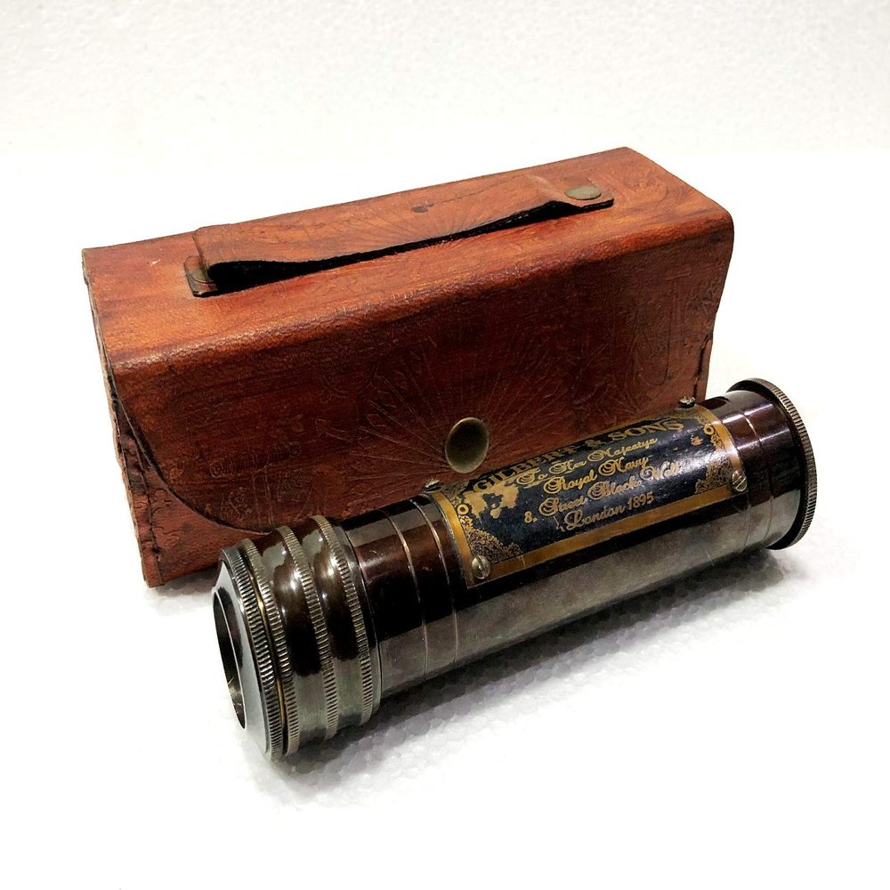 Vintage Collectible Brass Kaleidoscope Maritime Pocket Gift with Brown Leather case
