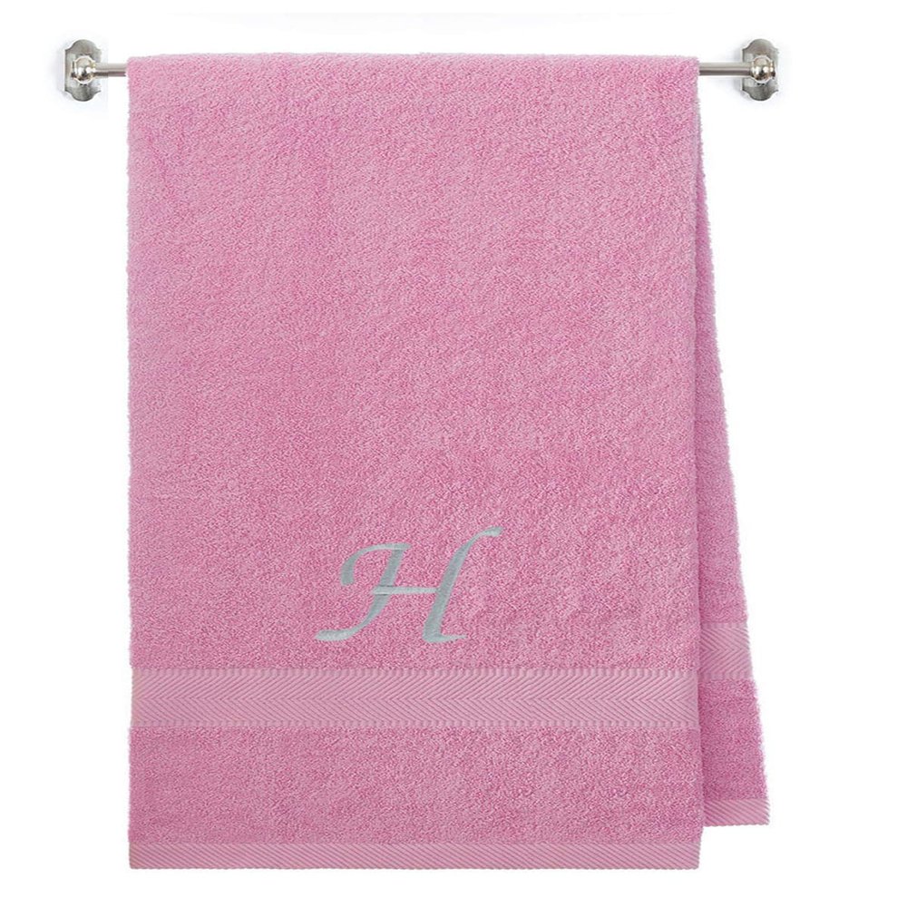Embroidered Terry Cotton Bath Towel for Bath, Shower, Cover up Towel for Swimming Pool, and Beach - 35 x 65 inches - Pink Color Towel - Silver Script Initial H