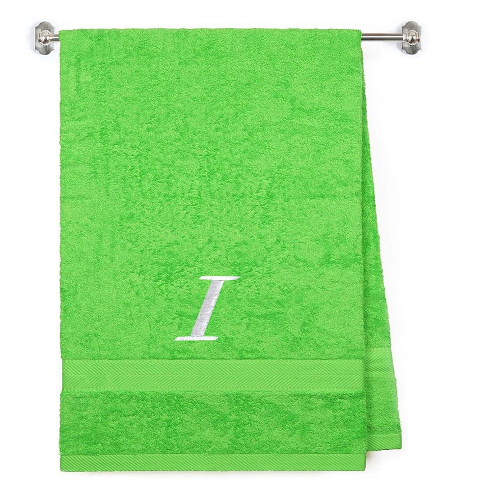 Embroidered Terry Cotton Bath Towel for Bath, Shower - Personalized Gift - Cover up Towel for Swimming Pool, and Beach - 35 x 65 inches - Lime Color Towel - Silver Script Initial I