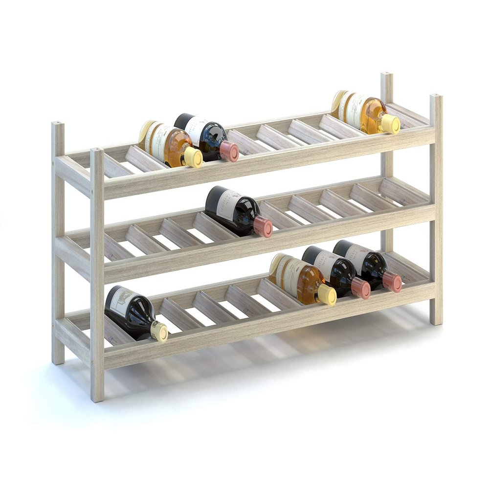 INTERBUILD Solid Hardwood Wine Rack Storage Shelf 3-Tier Stackable Freestanding Wine Bottle Holder 30 Bottles, Organic White