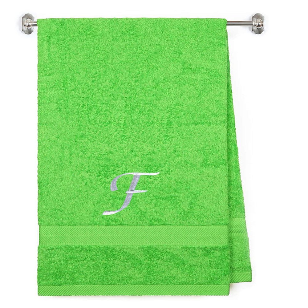 Embroidered Terry Cotton Bath Towel for Bath, Shower - Personalized Gift - Cover up Towel for Swimming Pool, and Bath - 35 x 65 inches - Lime Color Towel - Silver Script Initial F