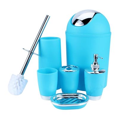 Bathroom Accessories Set, 6 Pcs Plastic Gift Set, Blue, Includes Toothbrush Holder, Cup, Soap Dish, Lotion Bottle, Toilet Brush, Trash Can