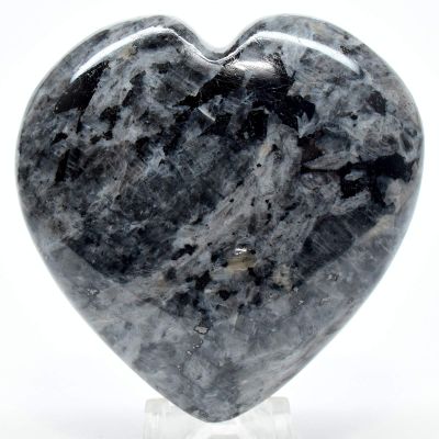 2.5" 130g Sparkling Larvikite Puffy Heart Polished Natural Symbiotic Black Labradorite & Moonstone Crystal Mineral Collectible Gemstone Specimen - India + Stand