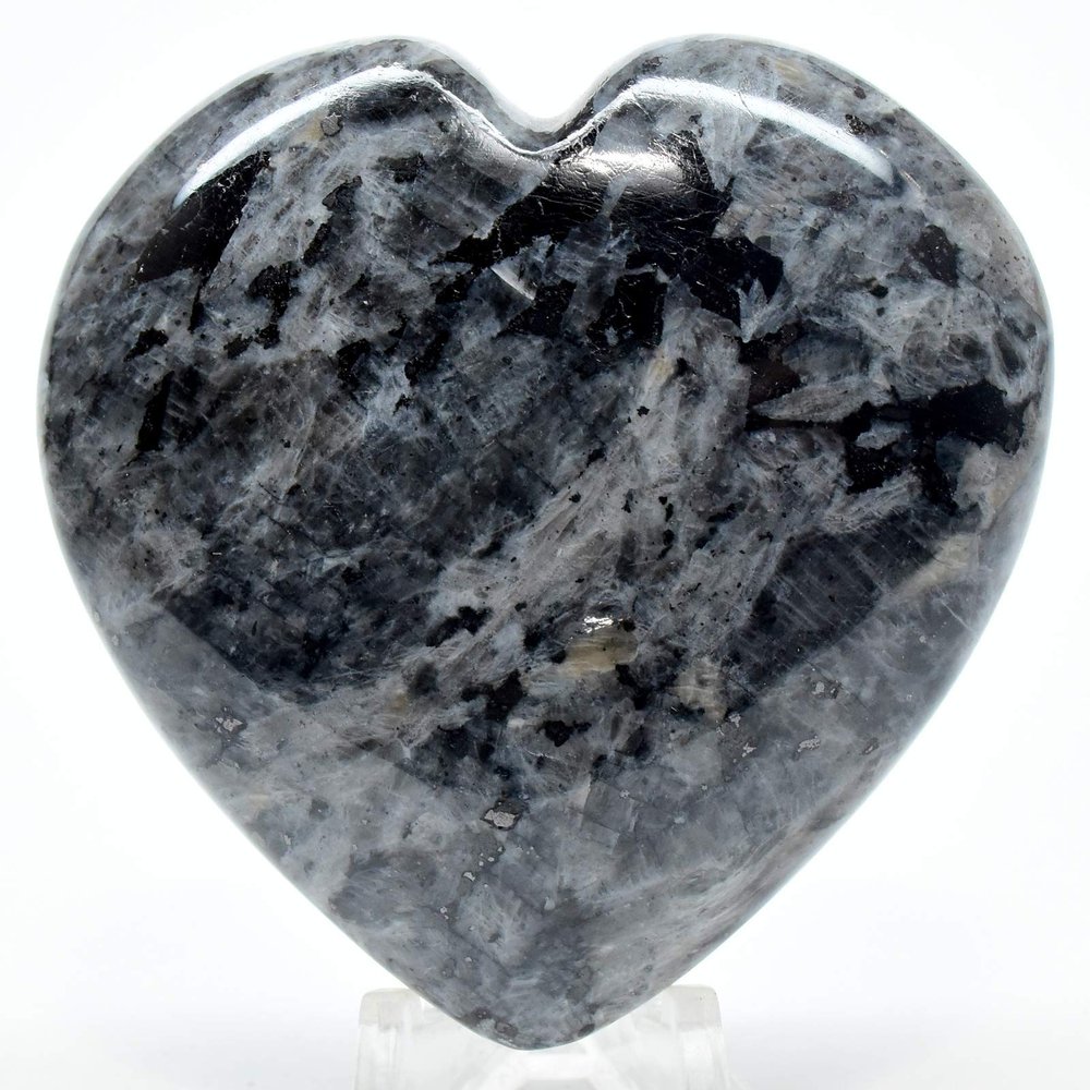 2.5" 130g Sparkling Larvikite Puffy Heart Polished Natural Symbiotic Black Labradorite & Moonstone Crystal Mineral Collectible Gemstone Specimen - India + Stand