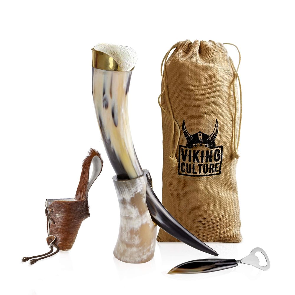 Viking Culture 16 Oz. Viking Drinking Horn with Beer Opener, Stand, Genuine Fur Belt Holster and Vintage Burlap Bag, Polished Finished with Authentic Medieval Norse Style