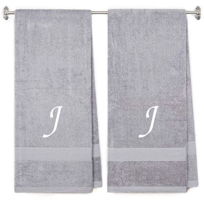 BY LORA Embroidered Terry Cotton Bath Towel for Bath, Shower - 27 x 54 inches - 2-Pack - Silver Color Towel - White Script Initial J