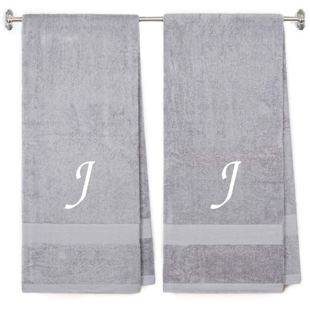 BY LORA Embroidered Terry Cotton Bath Towel for Bath, Shower - 27 x 54 inches - 2-Pack - Silver Color Towel - White Script Initial J