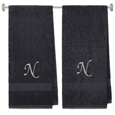 BY LORA Embroidered Terry Cotton Towel for Bath, Shower - 27 x 54 inches - 2-Pack - Charcoal Color Towel - Silver Script Initial B