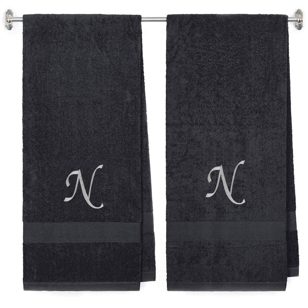 BY LORA Embroidered Terry Cotton Towel for Bath, Shower - 27 x 54 inches - 2-Pack - Charcoal Color Towel - Silver Script Initial B