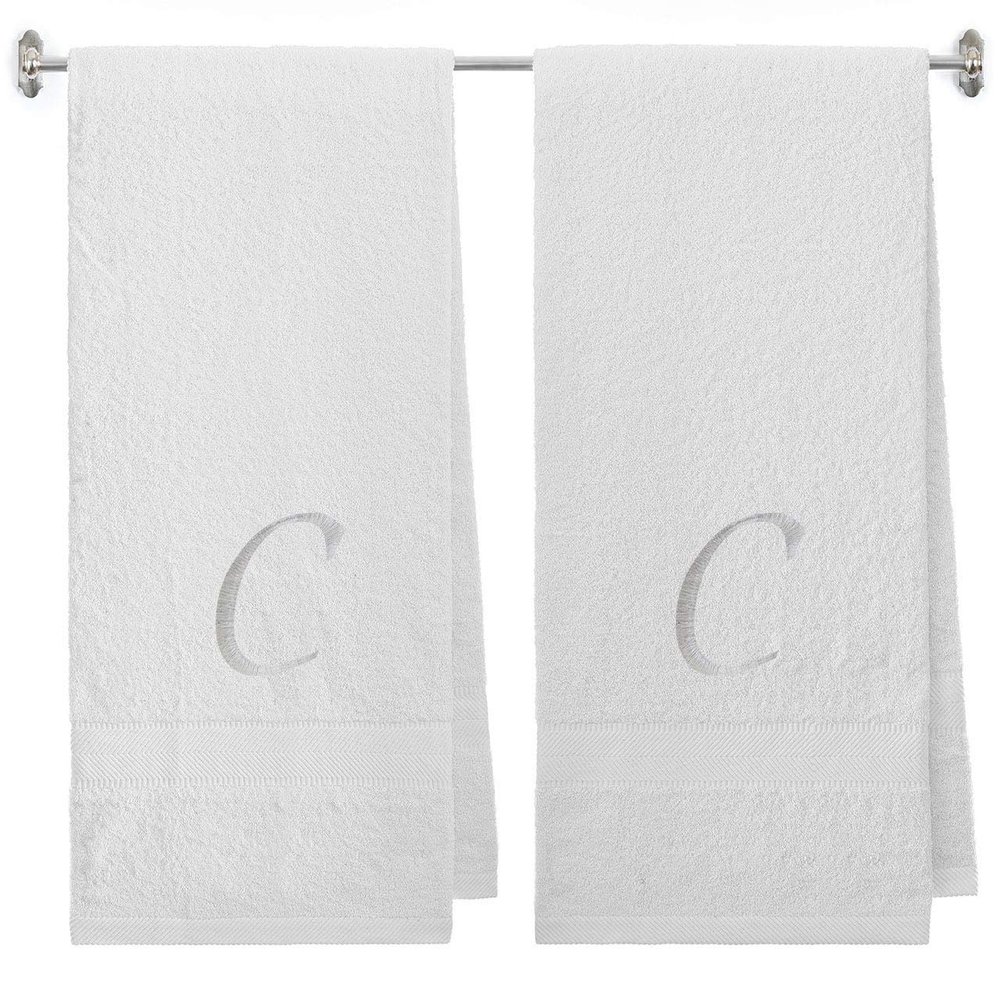 BY LORA Embroidered Terry Cotton Bath Towel for Bath, Shower - 27 x 54 inches - 2-Pack - White Color Towel - Silver Script Initial C