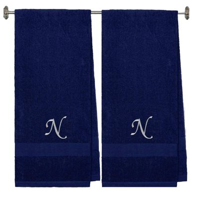 BY LORA Embroidered Terry Cotton Bath Towel for Bath, Shower - 27 x 54 inches - 2-Pack - Navy Color Towel -Silver Script Initial B