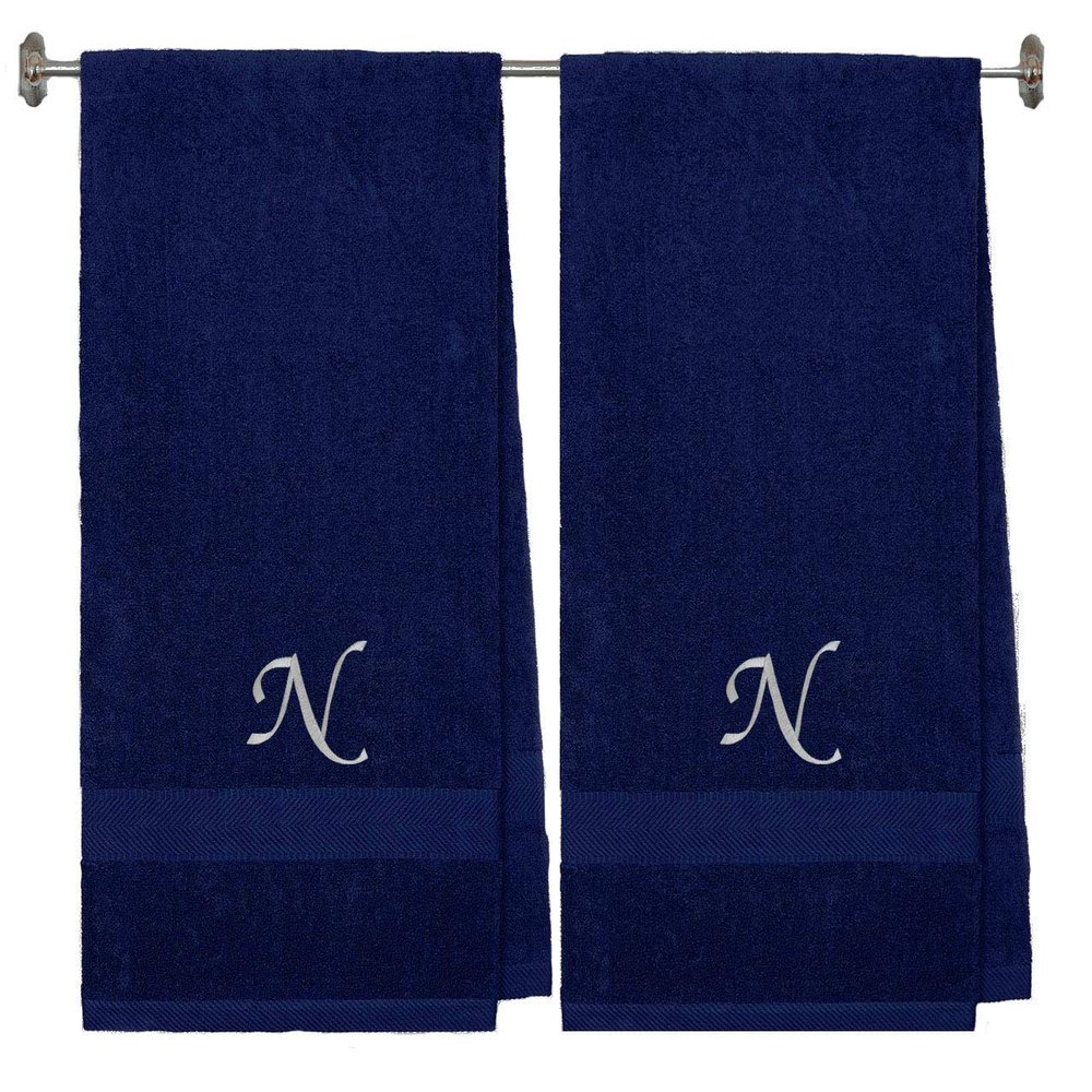 BY LORA Embroidered Terry Cotton Bath Towel for Bath, Shower - 27 x 54 inches - 2-Pack - Navy Color Towel -Silver Script Initial B