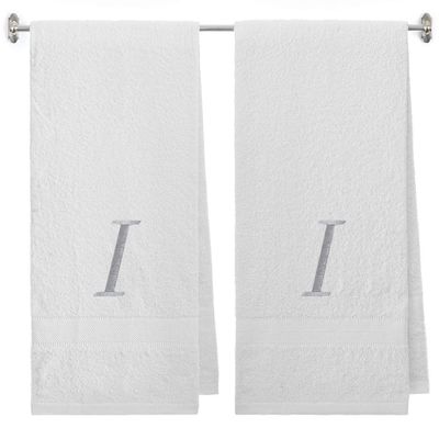 BY LORA Embroidered Terry Cotton Bath Towel for Bath, Shower, Cover up Towel for Swimming Pool, Spa, Shower and Bath - 27 x 54 inches - 2-Pack - White Color Towel - Silver Script Initial I