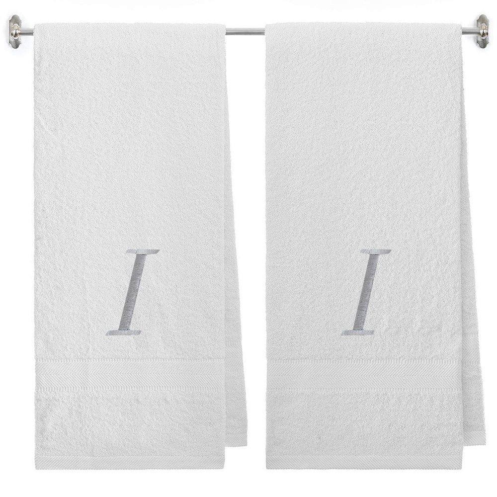 BY LORA Embroidered Terry Cotton Bath Towel for Bath, Shower, Cover up Towel for Swimming Pool, Spa, Shower and Bath - 27 x 54 inches - 2-Pack - White Color Towel - Silver Script Initial I