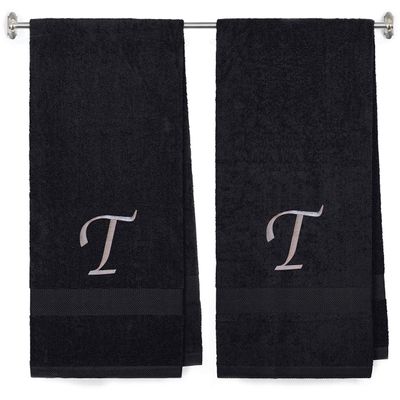 BY LORA Embroidered Terry Cotton Bath Towel for Bath, Shower - Personalized Gift - Black Color Towel - Silver Script Initial T