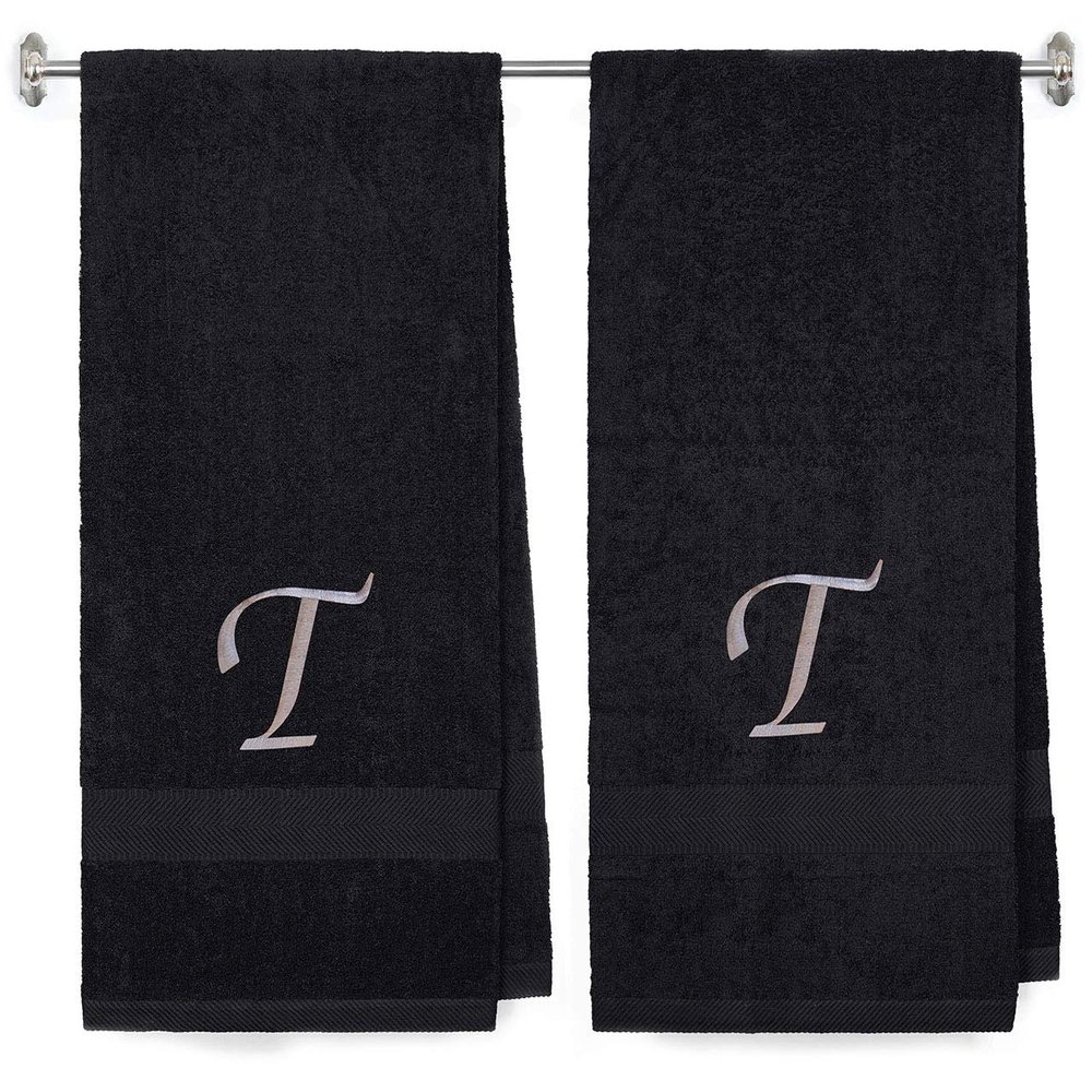 BY LORA Embroidered Terry Cotton Bath Towel for Bath, Shower - Personalized Gift - Black Color Towel - Silver Script Initial T