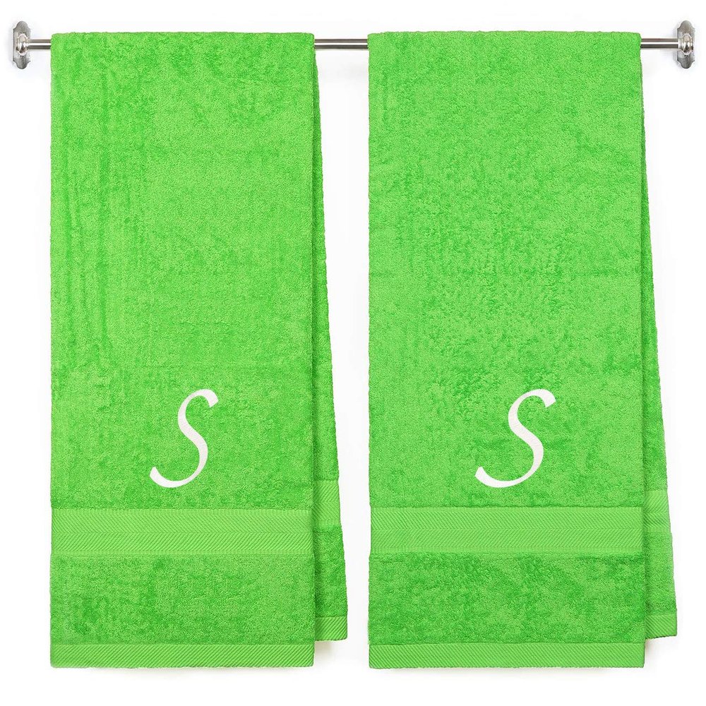 BY LORA Embroidered Terry Cotton Bath Towel for Bath, Shower - Personalized Gift -27 x 54 inches - 2-Pack - Lime Color Towel - Silver Script Initial S