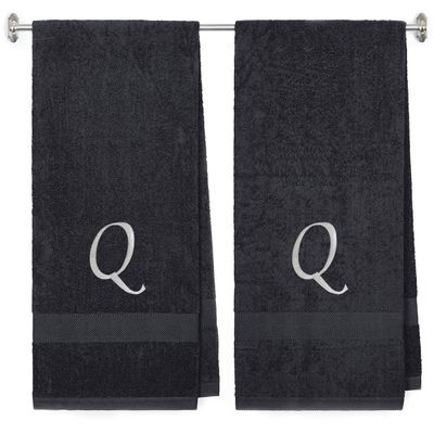 BY LORA Embroidered Terry Cotton Bath Towel for Bath, Shower - 27 x 54 inches - 2-Pack - Charcoal Color Towel - Silver Script Initial Q