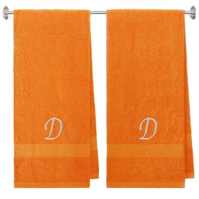 BY LORA Customized Gift Terry Cotton Bath Towel for Bath, Shower - Personalized Gift -27 x 54 inches - 2-Pack - Orange Color Towel - Silver Script Initial D