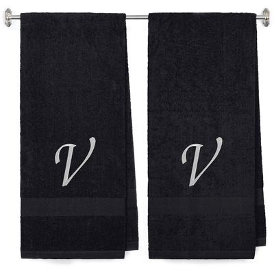BY LORA Embroidered Terry Cotton Bath Towel for Bath, Shower - Personalized Gift - Black Color Towel - Silver Script Initial V
