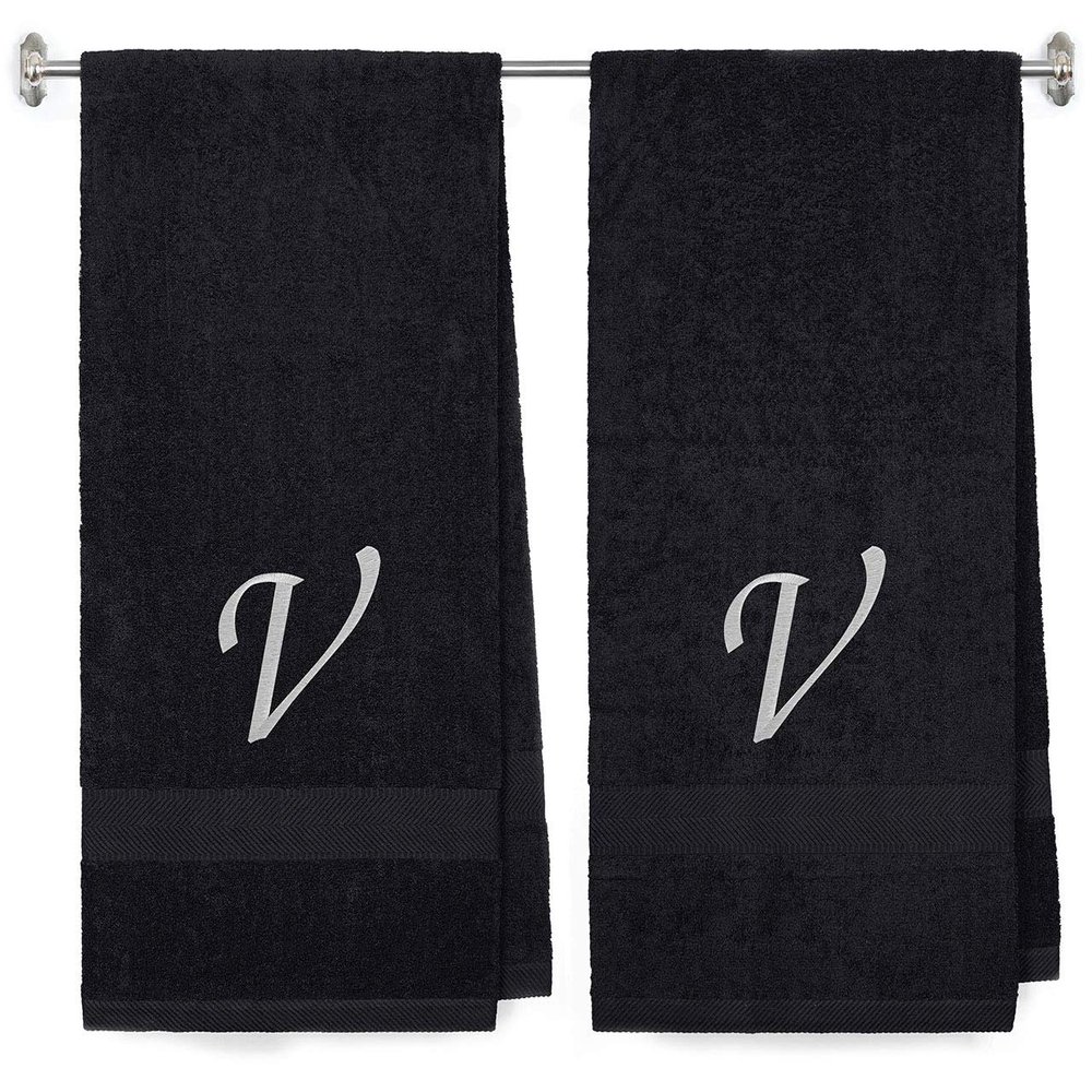 BY LORA Embroidered Terry Cotton Bath Towel for Bath, Shower - Personalized Gift - Black Color Towel - Silver Script Initial V