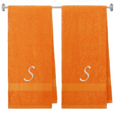 BY LORA Customized Gift - Terry Cotton Bath Towel for Bath, Shower - Personalized Gift -27 x 54 inches - 2-Pack - Orange Color Towel - Silver Script Initial S