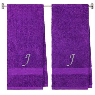 BY LORA Embroidered Terry Cotton Bath Towel for Bath, Shower - Personalized Gift - Purple Color Towel - Silver Script Initial J