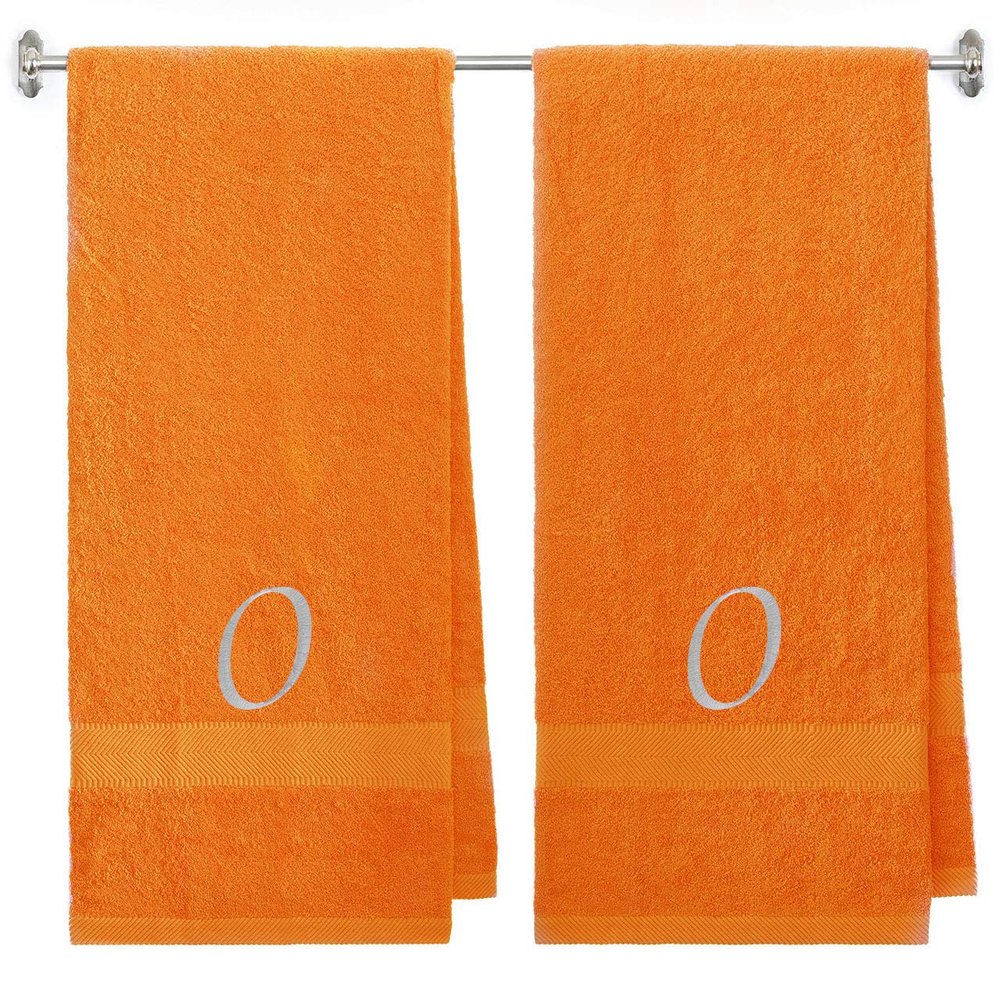 BY LORA Customized Gift - Terry Cotton Bath Towel for Bath, Shower - Personalized Gift -27 x 54 inches - 2-Pack - Orange Color Towel - Silver Script Initial O