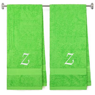BY LORA Embroidered Terry Cotton Bath Towel for Bath, Shower - Personalized Gift -27 x 54 inches - 2-Pack - Lime Color Towel - Silver Script Initial Z