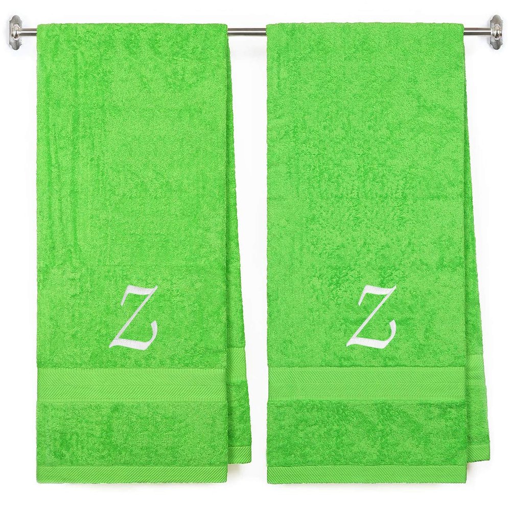 BY LORA Embroidered Terry Cotton Bath Towel for Bath, Shower - Personalized Gift -27 x 54 inches - 2-Pack - Lime Color Towel - Silver Script Initial Z